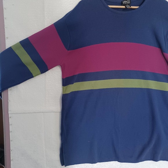 Vintage NY&CO Women's XL Tunic Sweater Stripe Blue Round Neck Side Vents NEW - Picture 6 of 8